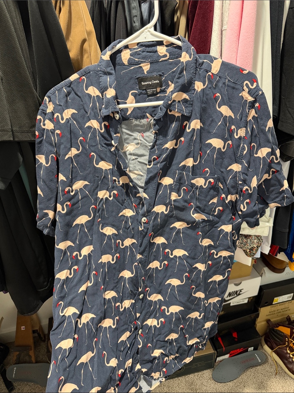 Barney Cools Navy Short-Sleeve Button-Down with Pink Flamingo Print